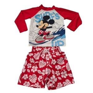 Disney Mickey Mouse Surfs Up Boys Long Sleeve Rashguard and Swim Trunks Sz 18m